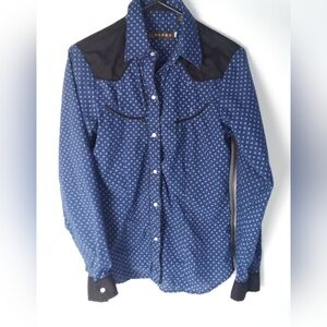 Roper Western Classic Patterned Shirt Blue Black Pearl Snap Fitted Cowgirl Rodeo